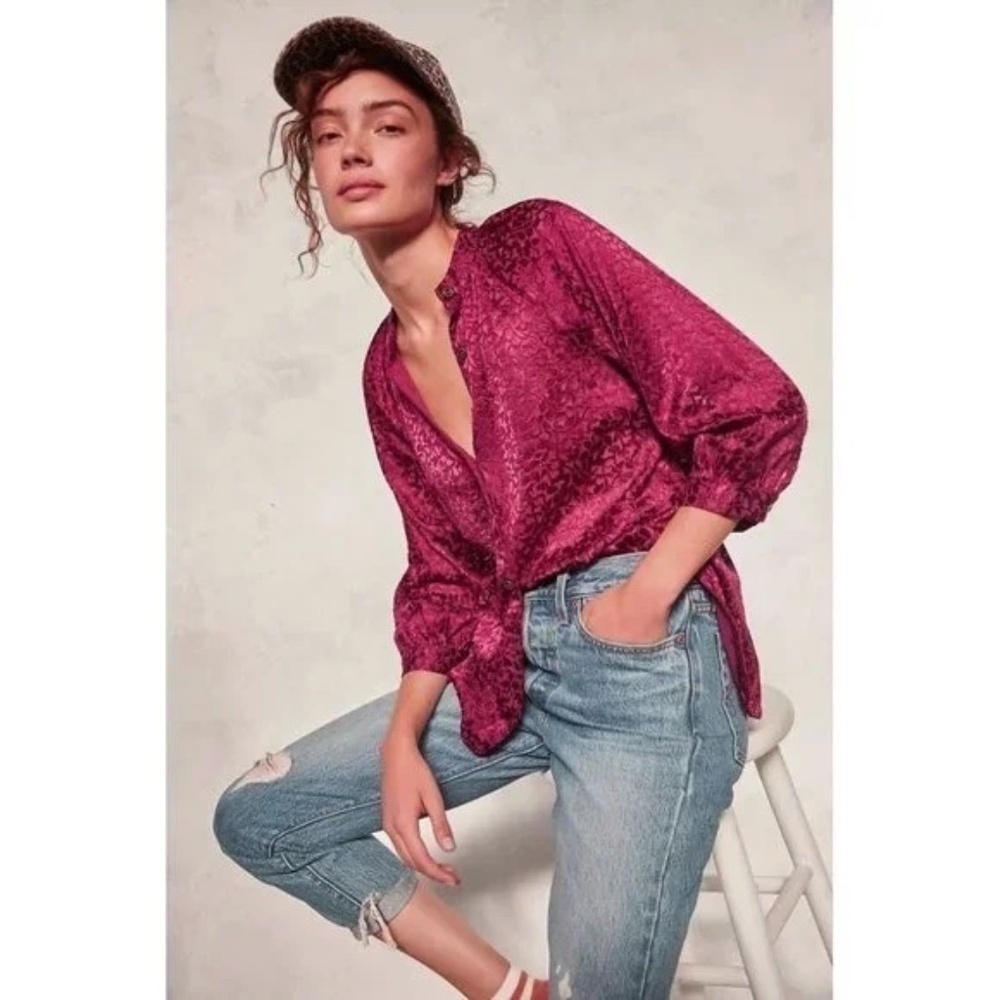 NWT!! ANTHROPOLOGIE Susanna‎ Burnout Velvet ¾ Sleeve Buttondown Top Blouse XS
